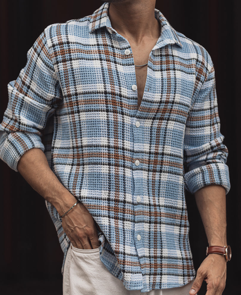 Blue and Brown Waffle Checks Regular Fit Full Sleeves Shirt