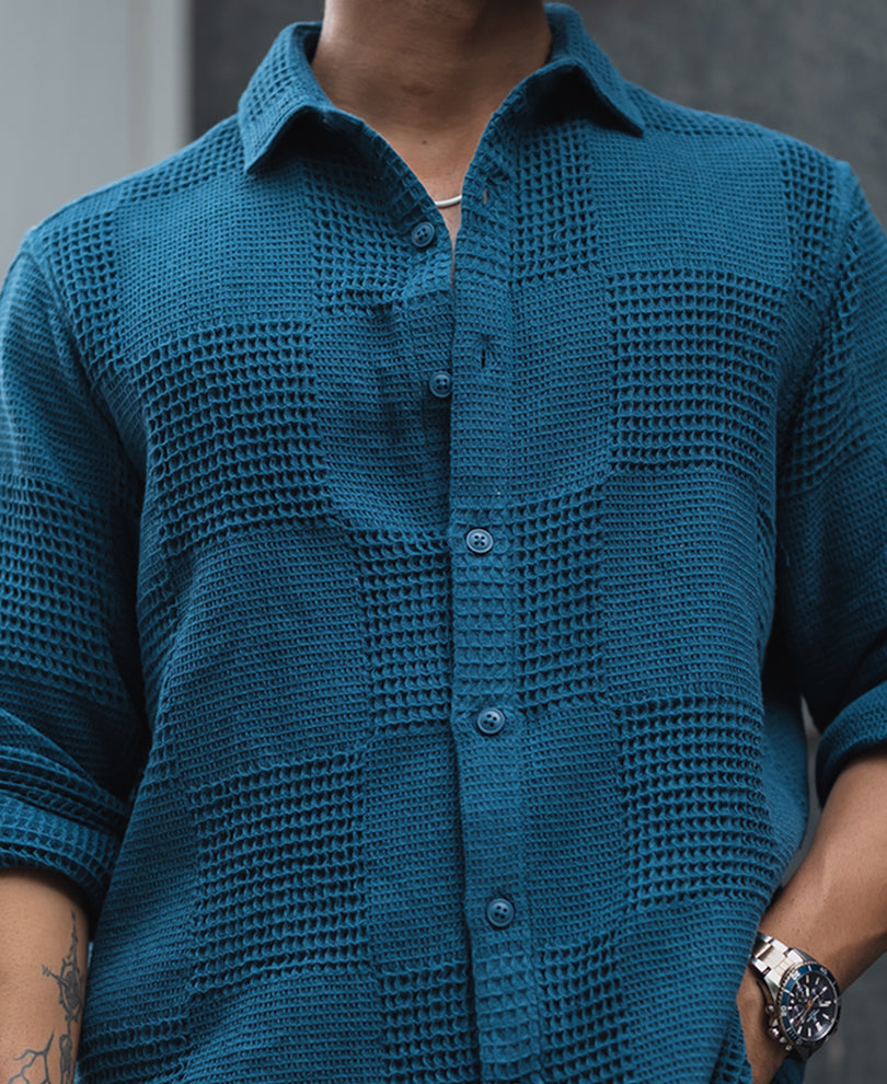Teal Blue Waffle Structure Regular Fit Full Sleeves Shirt