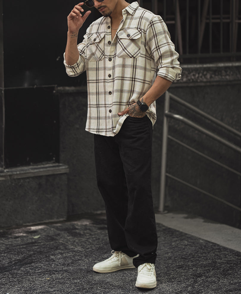 Off White Double Pockets Checks Regular Fit Full Sleeves Shirt