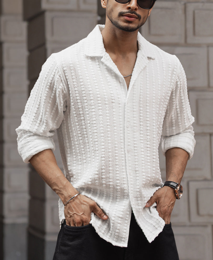 White Self Striped Structured Regular Fit Full Sleeves Shirt
