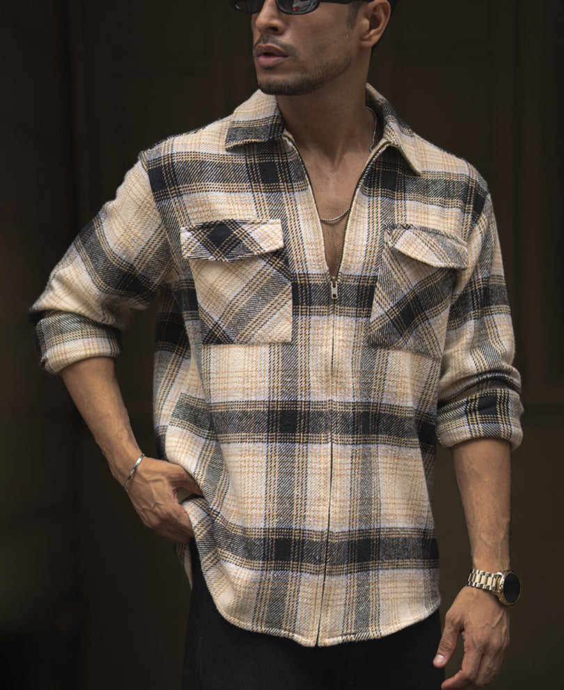 Beige And Black Checks Regular Fit Full Sleeves Shirt