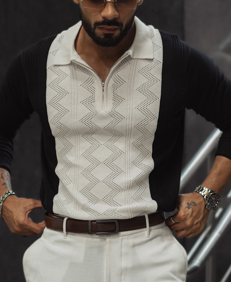 White and Black Knitted Regular Fit Full Sleeves Zipper T Shirt
