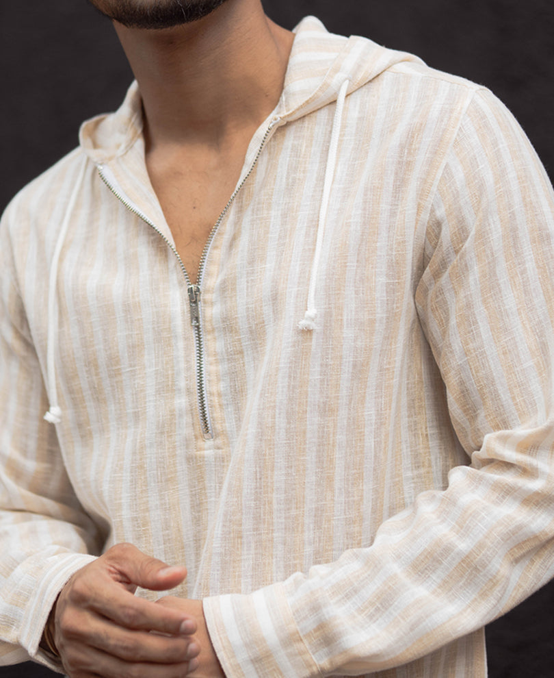 White And Beige Stripes Regular Fit Hoodie Style Shirt