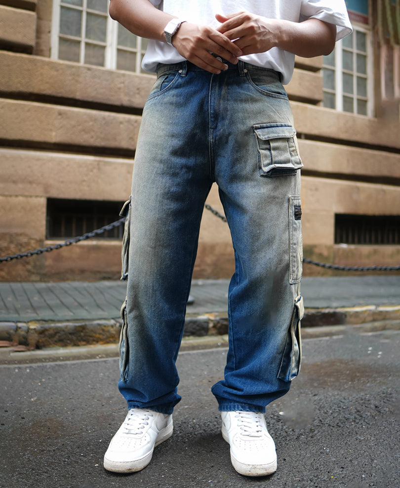 Blue Baggy Fit Cargo Denim Jeans