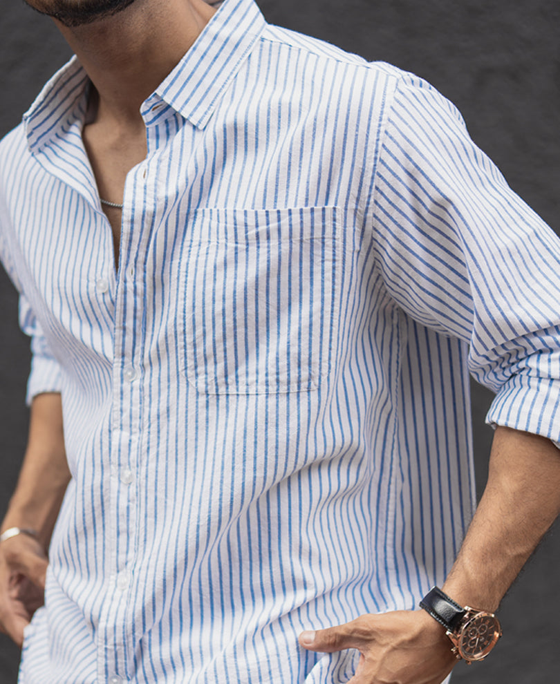 White and Blue Stripes Regular Fit Full Sleeves Shirt