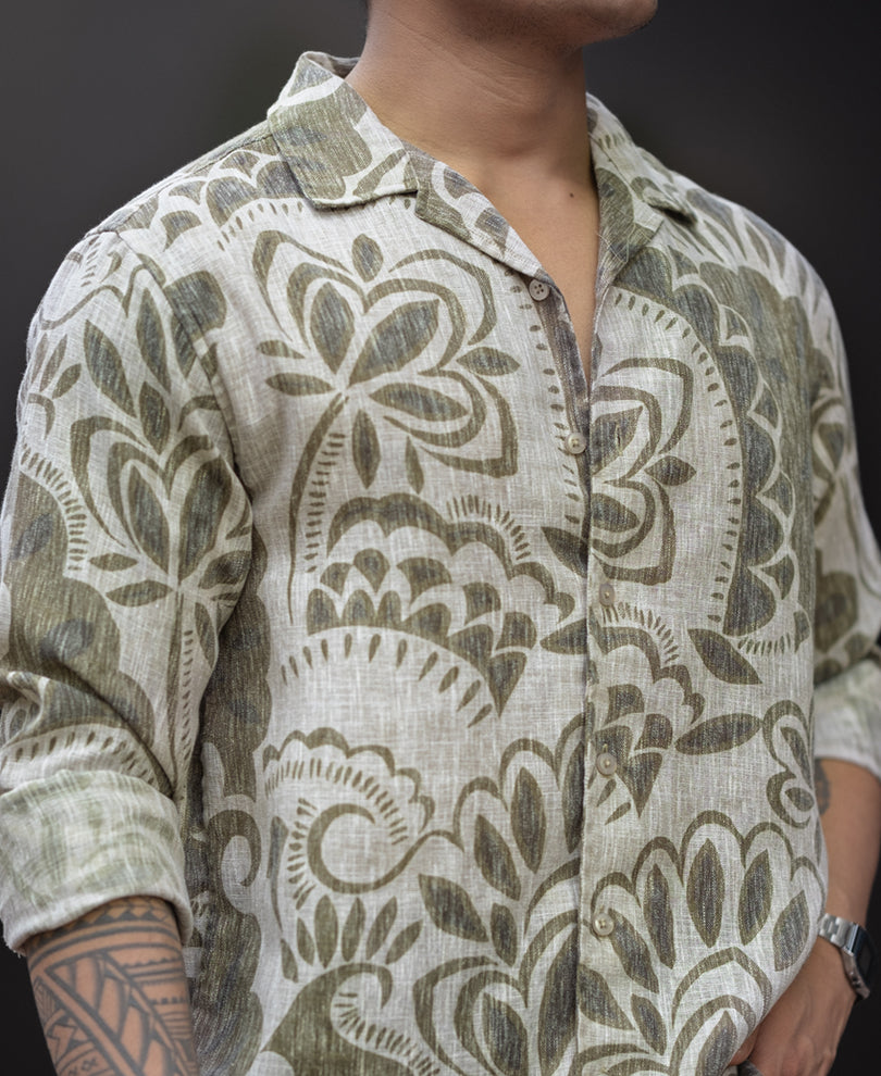 Olive Printed Regular Fit Full Sleeves Shirt