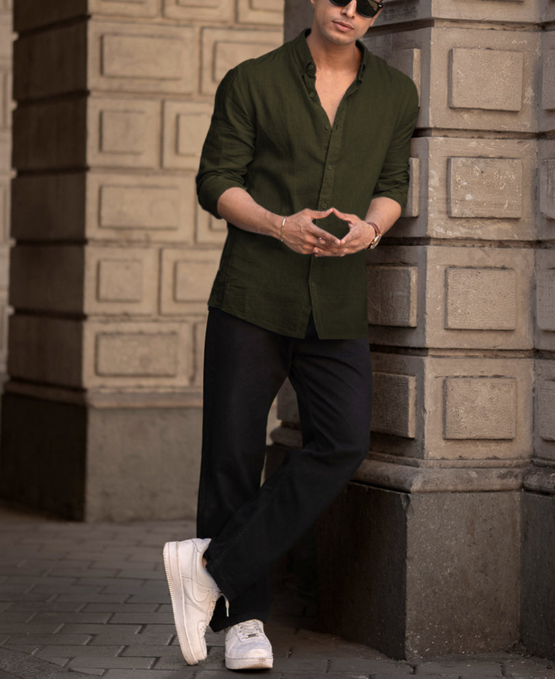Olive Cotton Linen Regular Fit Full Sleeves Shirt