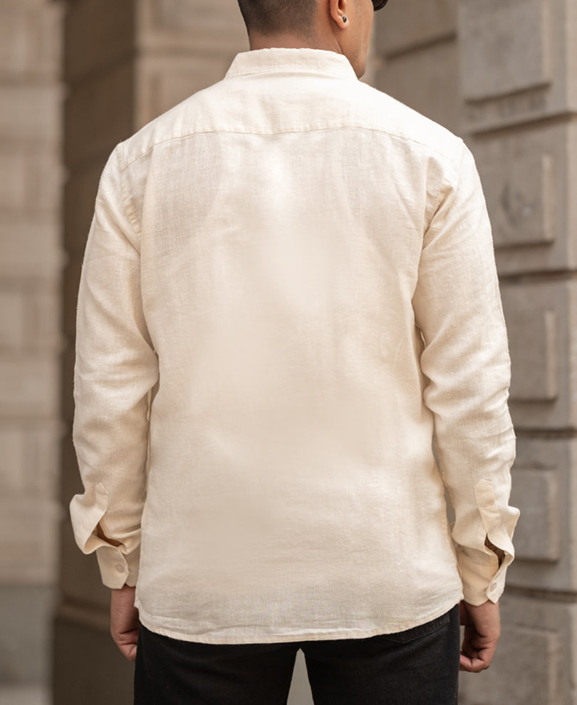 Cream Cotton Linen Regular Fit Full Sleeves Shirt