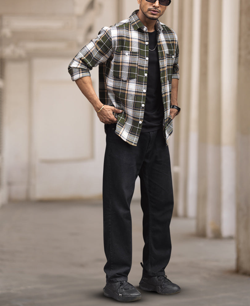 Olive Green Checked Regular Fit Full Sleeves Shirt