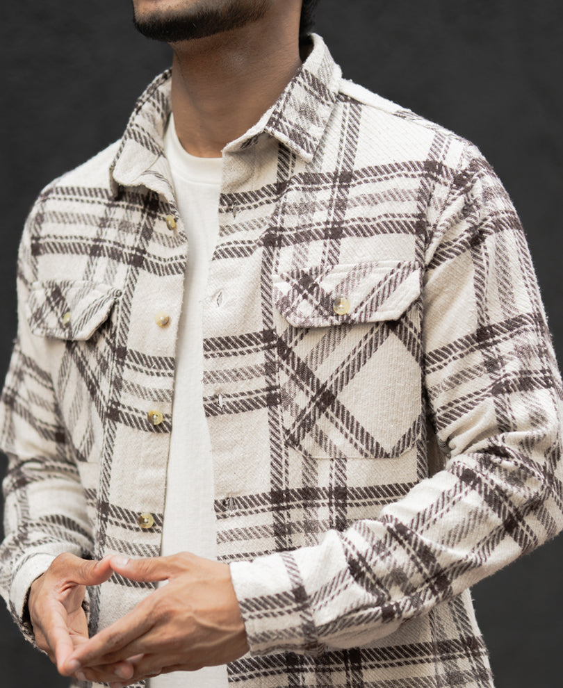 Off-White And Brown Regular Fit Full Sleeves Shirt