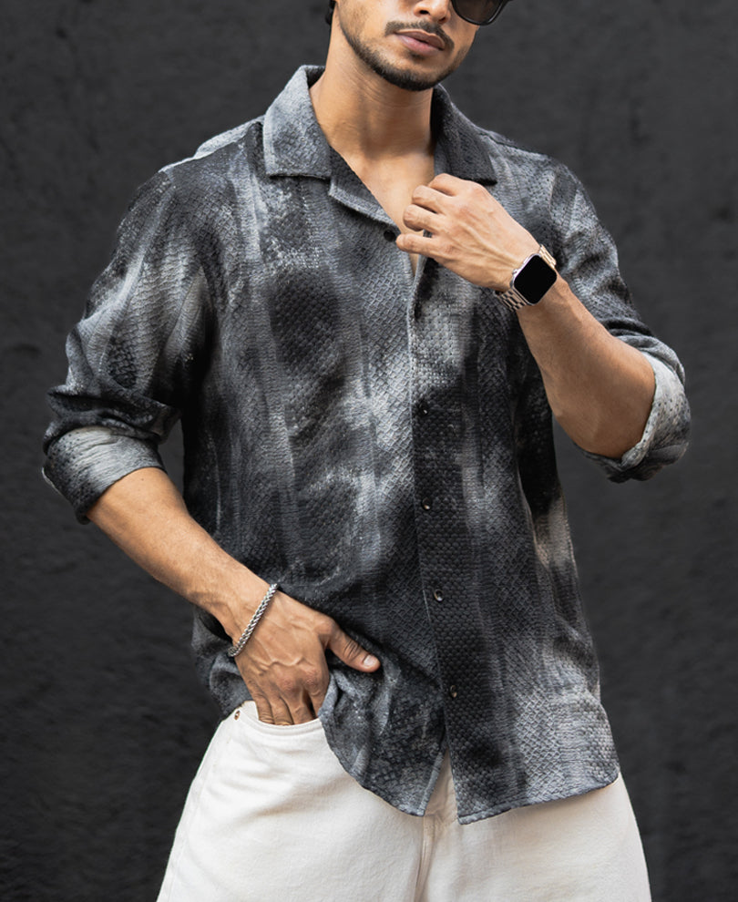 Black Tie Dye Print Regular Fit Full Sleeves Shirt