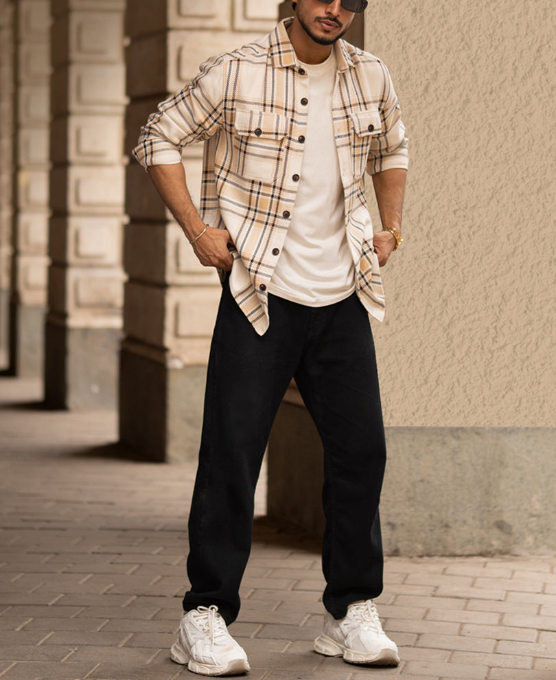 Light Beige Full Sleeves Double Pocket Regular Fit Shirt