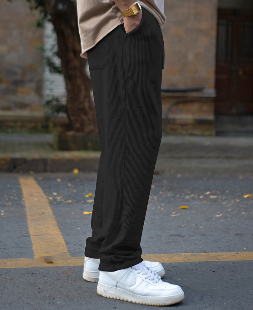 Black Corduroy Regular Fit Track Pant