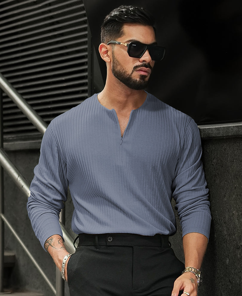 Grey Structured Full Sleeves Regular Fit T-Shirt