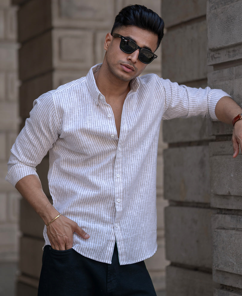Beige Striped Regular Fit Full Sleeves Shirt