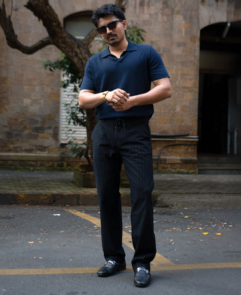 Black Stripe Regular Fit Cotton Pants
