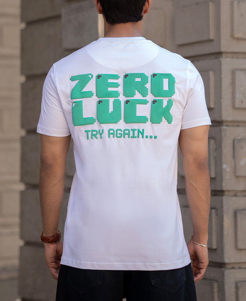 White Zero Luck Print Regular Fit Half Sleeves T-Shirt