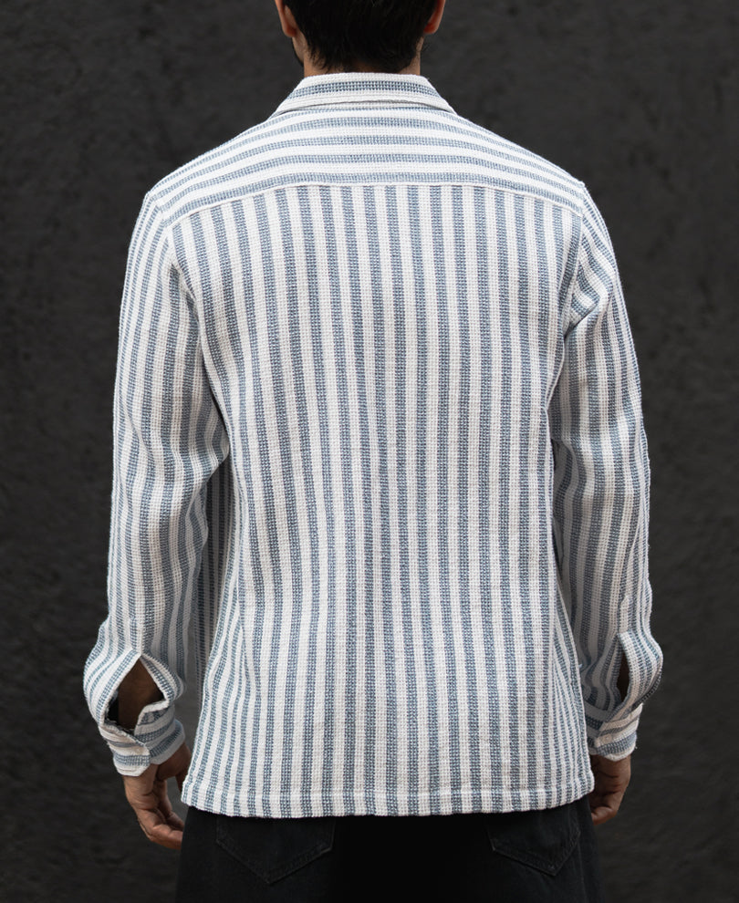 Blue And White Stripes Regular Fit Full Sleeves Shirt With Zip