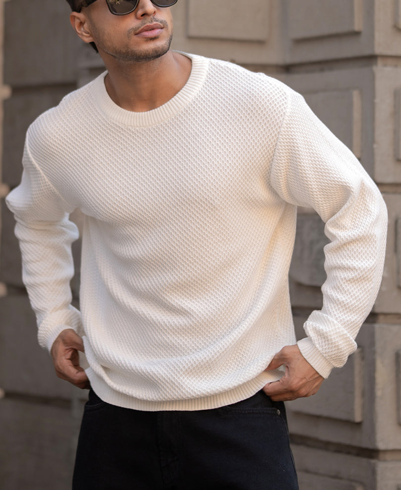 White Structured Full Sleeves Regular Fit T-Shirt