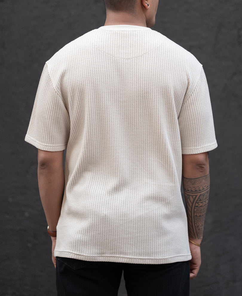 Cream Structured Printed Regular Fit Half Sleeves T-Shirt
