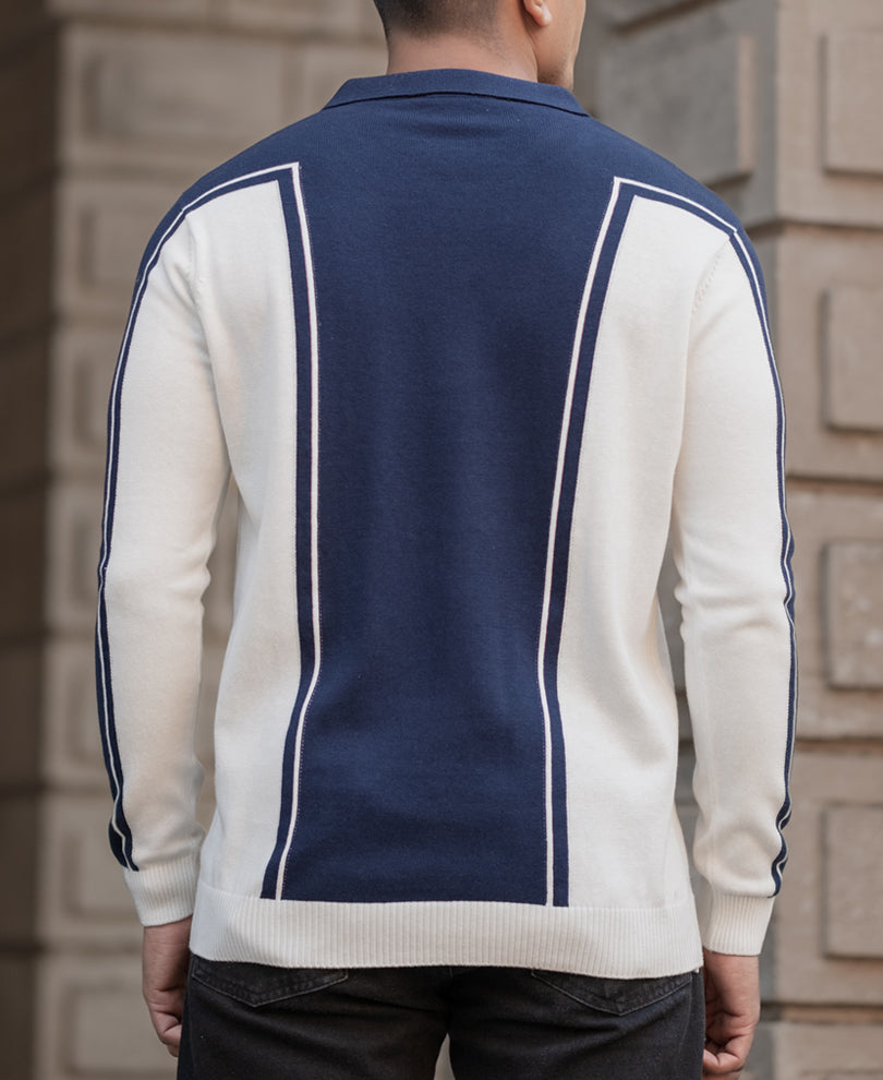 Navy-White Colour Blocked Polo T-Shirt