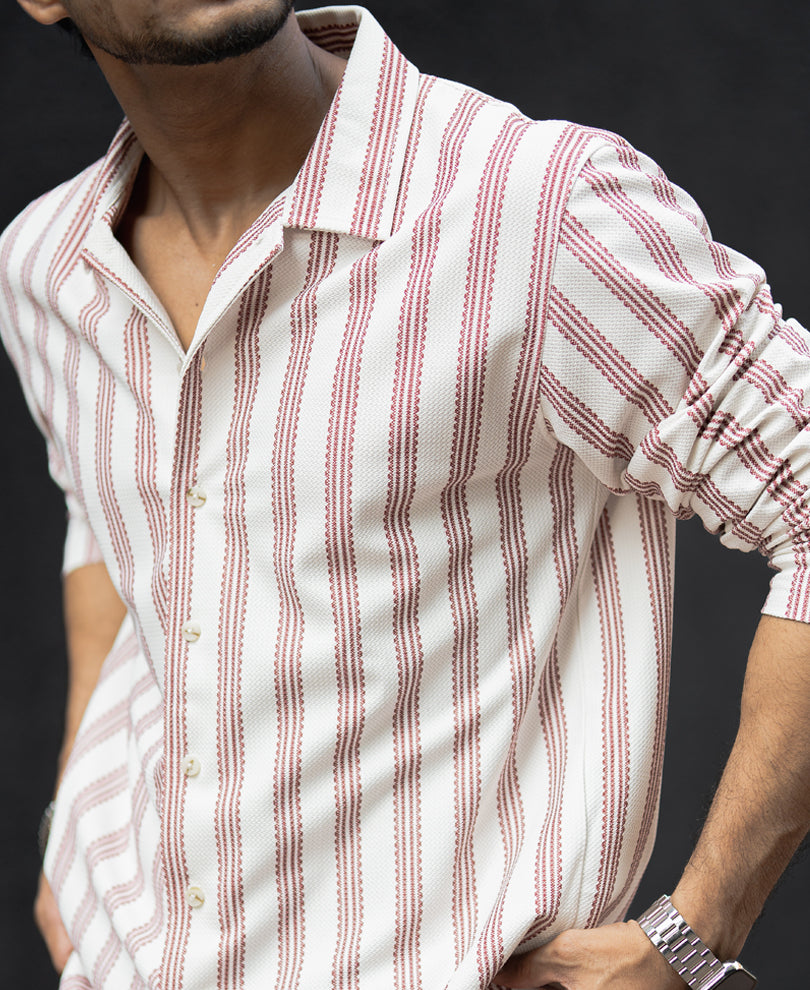 Off-White And Maroon Striped Regular Fit Full Sleeves Shirt