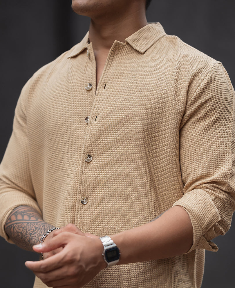 Beige Regular Fit Structured Full Sleeves Shirt