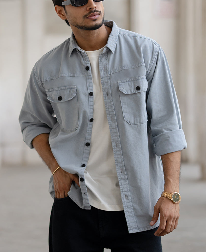 Light Grey Denim Regular Fit Full Sleeves Shirt