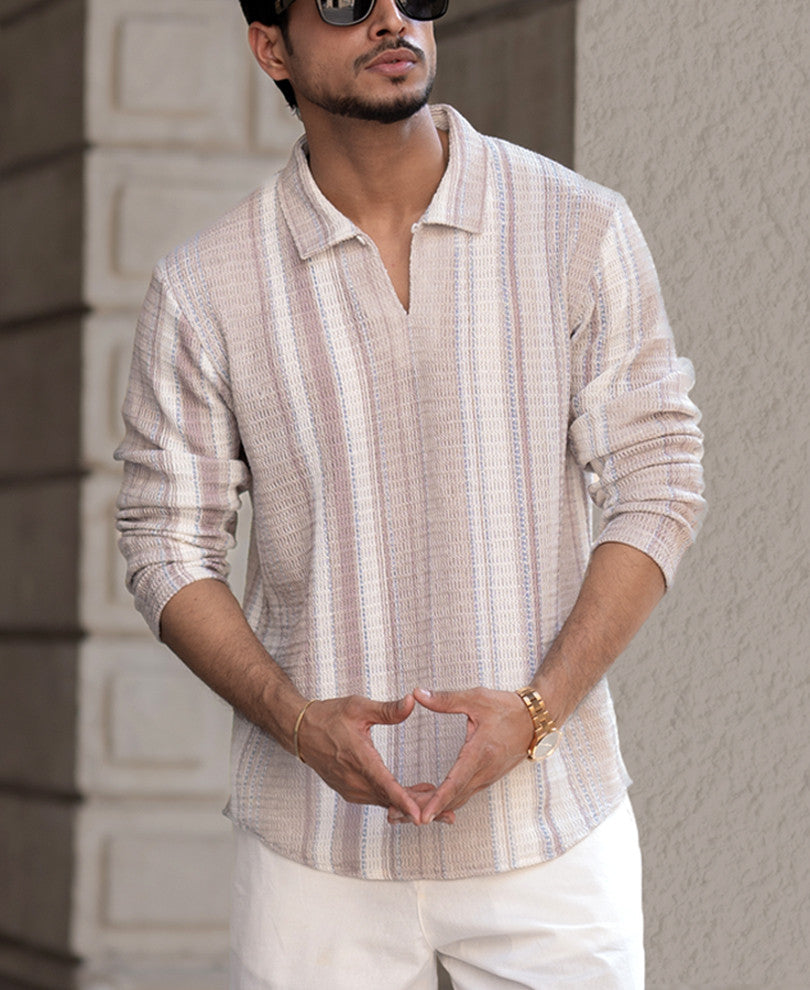 Beige Structured Regular Fit Full Sleeves T-Shirt