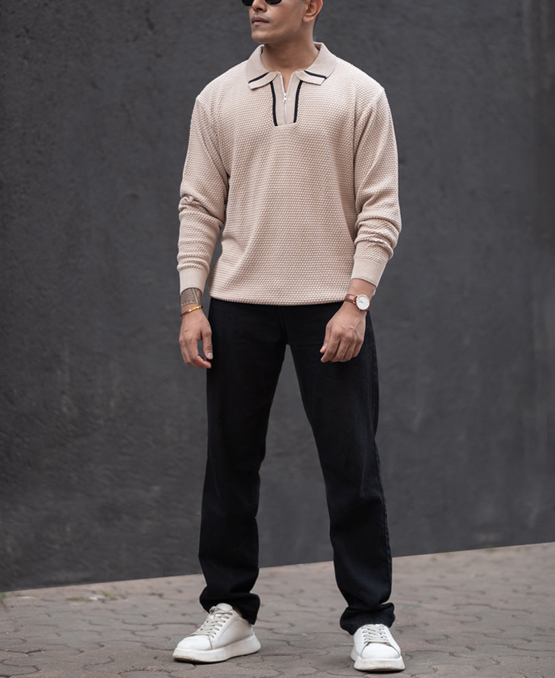 Beige Regular Fit Full Sleeves Polo T-Shirt