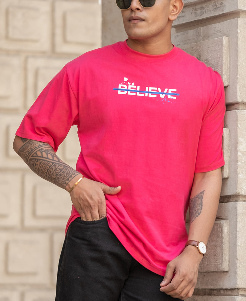 Pink Printed Oversized Half Sleeves T-Shirt