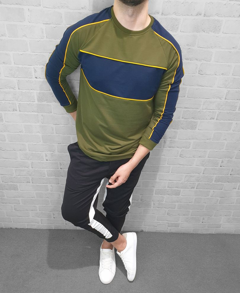 Olive Green And Blue Panel Full Sleeves T Shirt
