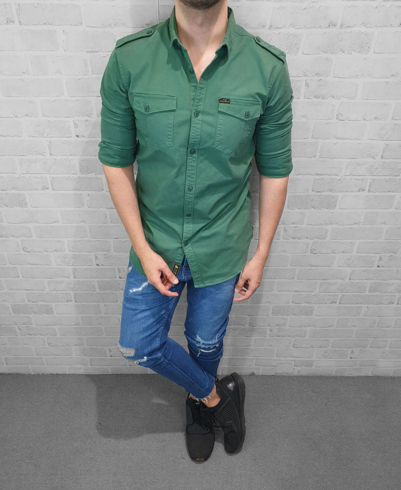 Dark Green Plain Denim Shirt