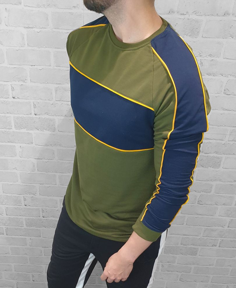 Olive Green And Blue Panel Full Sleeves T Shirt