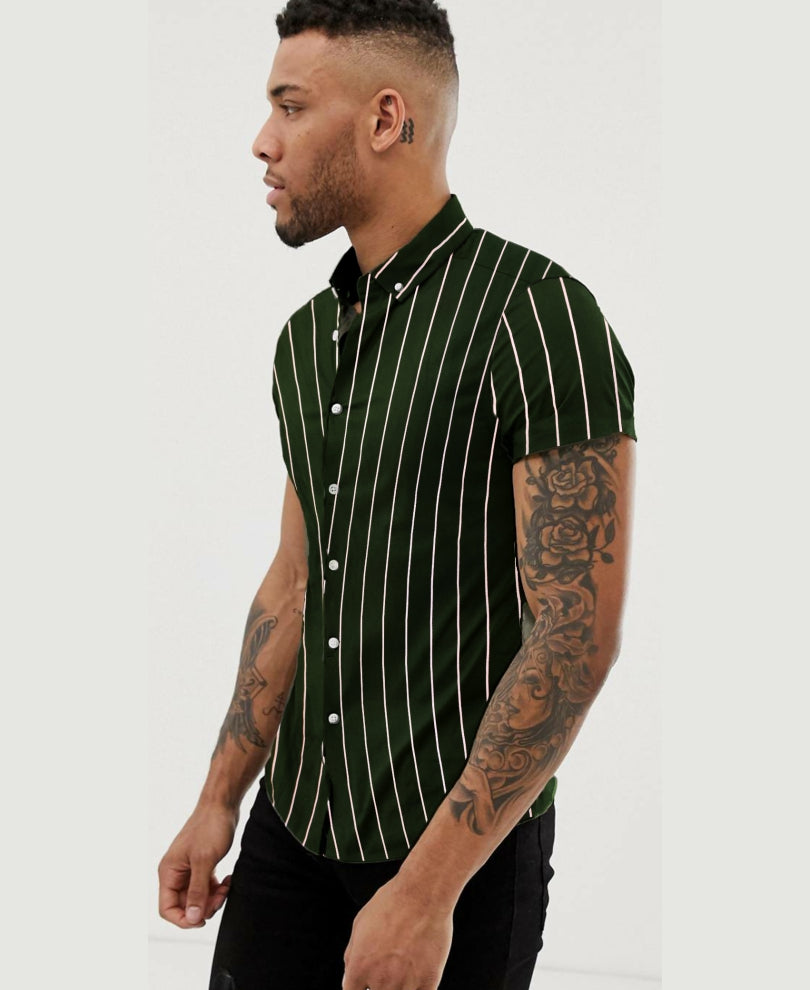 Green Stripes Print Half Sleeves Shirt