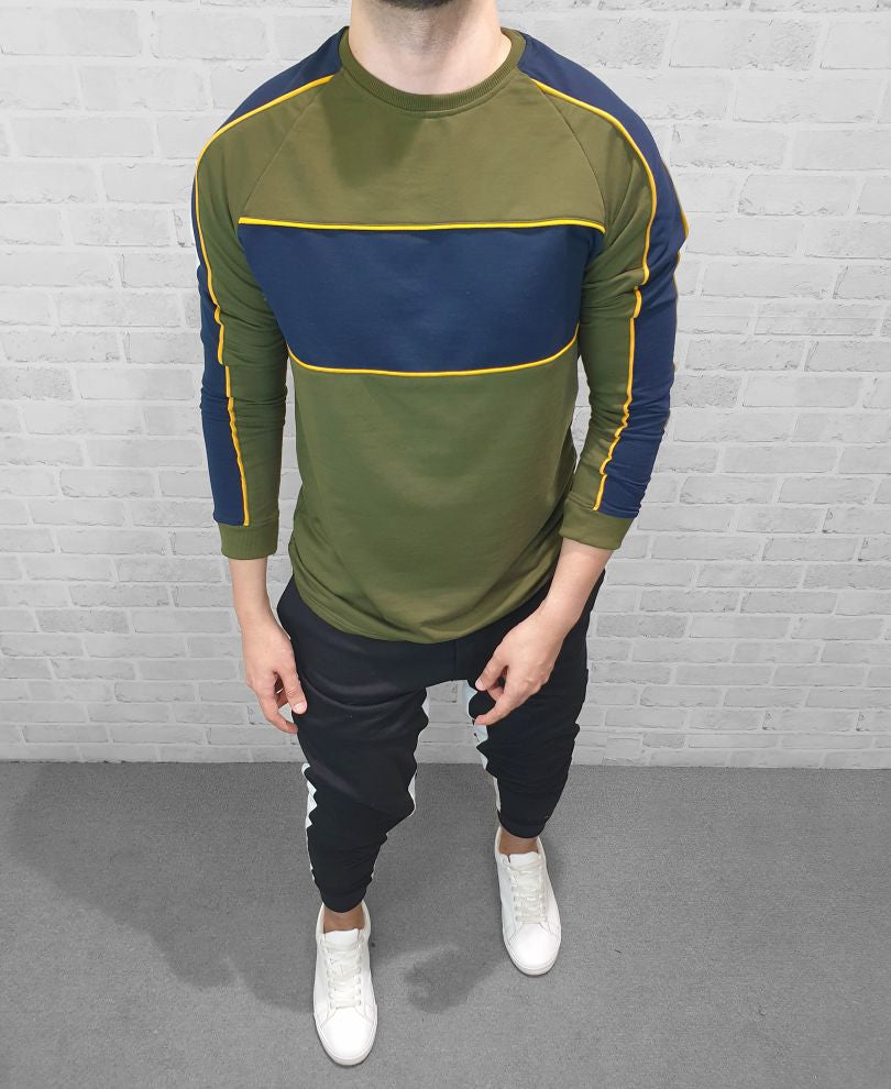 Olive Green And Blue Panel Full Sleeves T Shirt