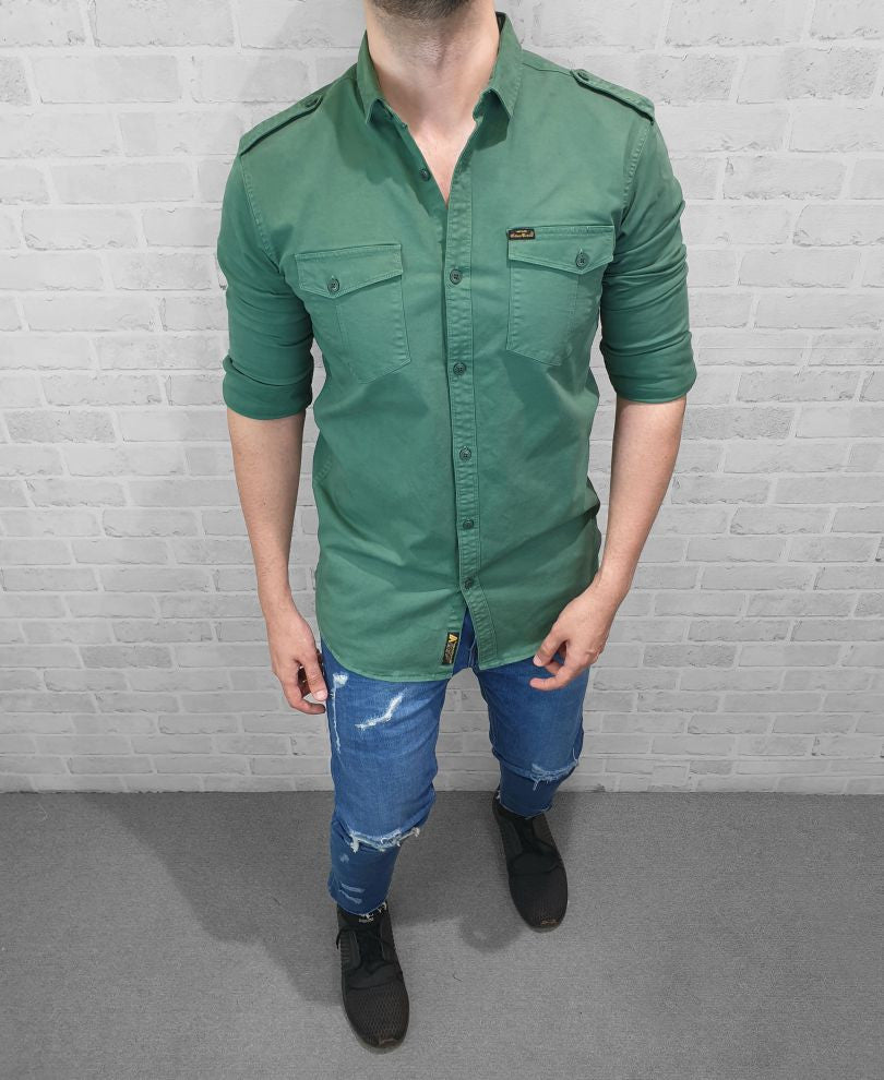 Dark Green Plain Denim Shirt