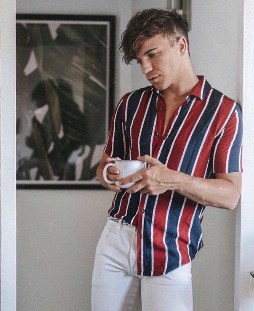 Red And Blue Stripes Print Half Sleeves Shirt