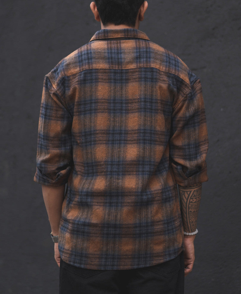 Brown Checks Shacket Oversize Drop Shoulder Shirt