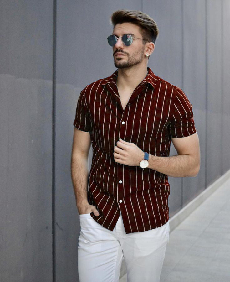 Maroon Stripes Print Half Sleeves Shirt