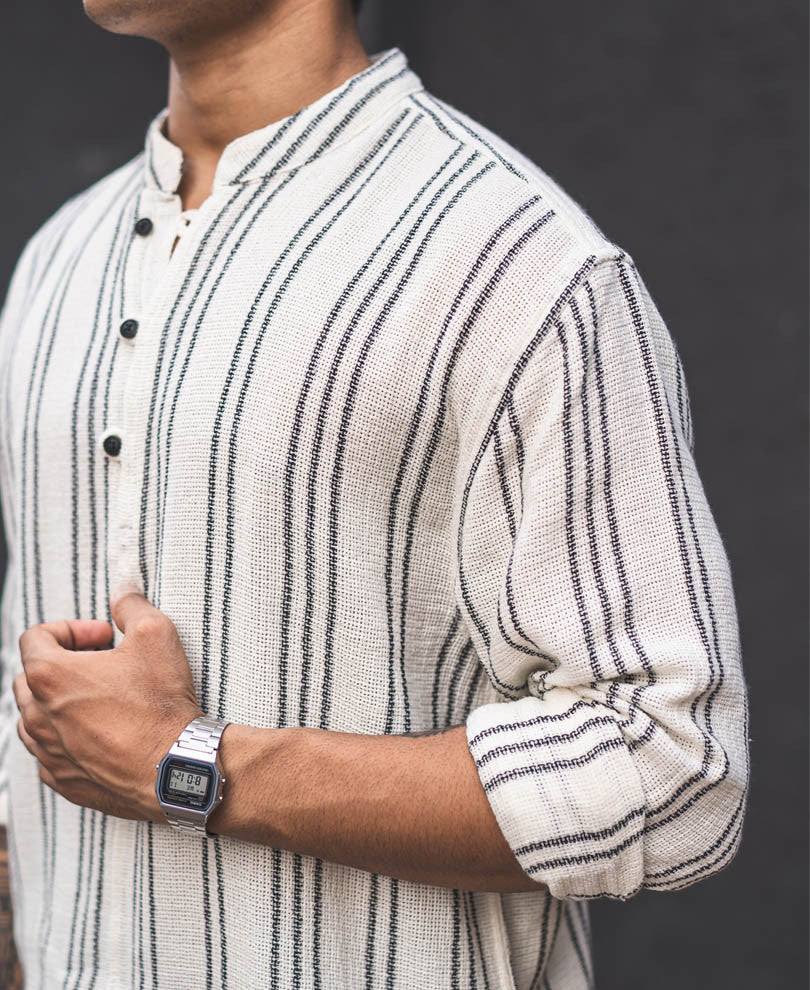 Cream and Black Structured Striped Kurta Style Oversized Shirt