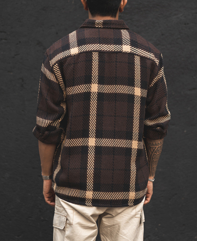 Dark Brown and Beige Flannel Checks Oversized Shirt