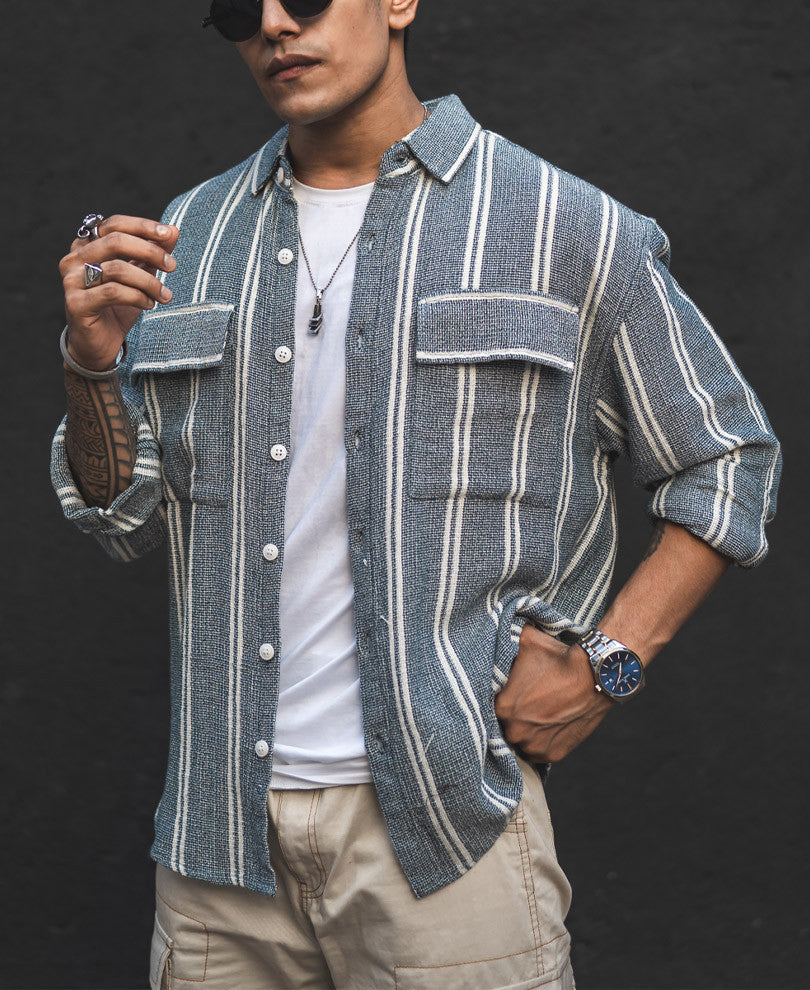 Grey Structured Striped Shacket Oversized Shirt