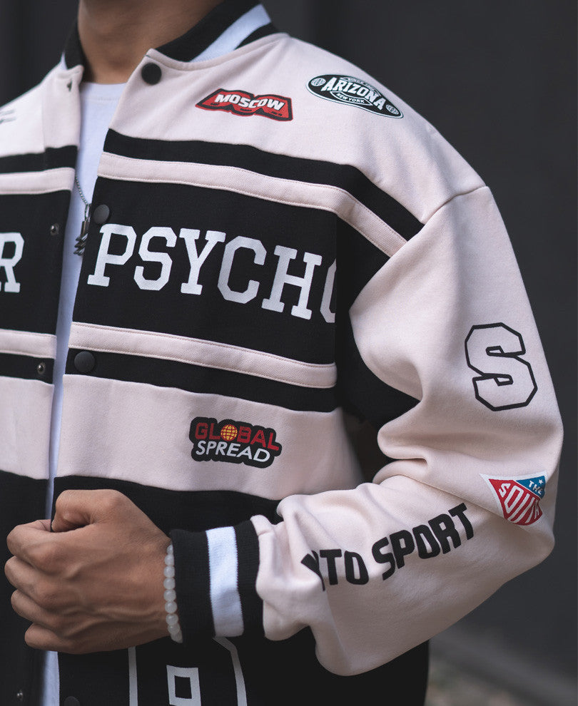 Beige and Black Motor Psycho Oversized Varsity Jacket