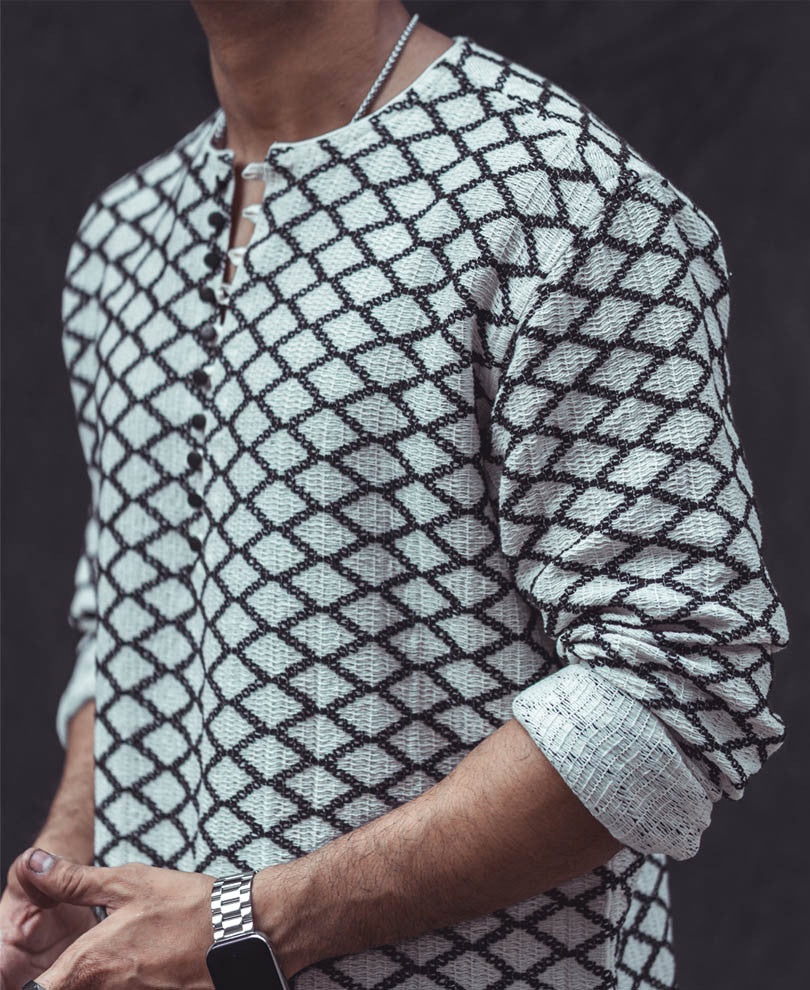 White Structured Rhombi Full Sleeves Kurta Style Shirt