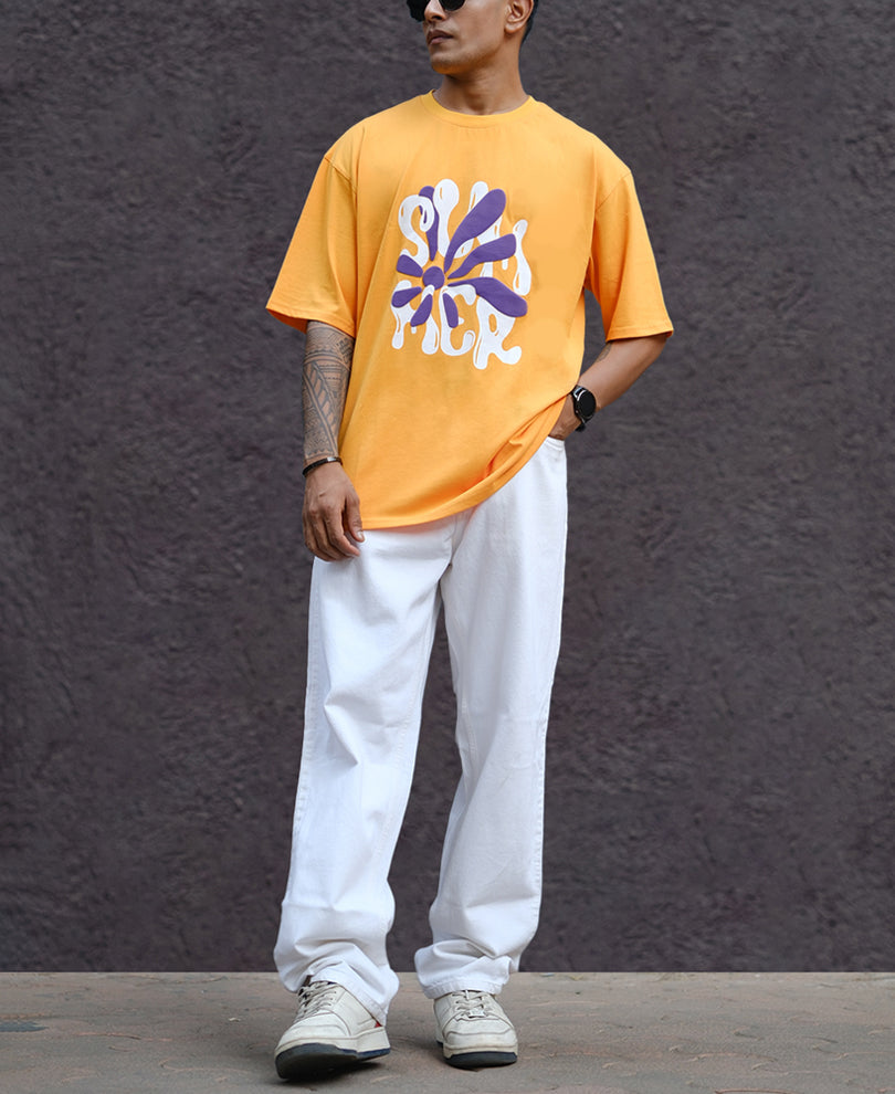 Mustard Structured Printed Oversized Half Sleeves T Shirt