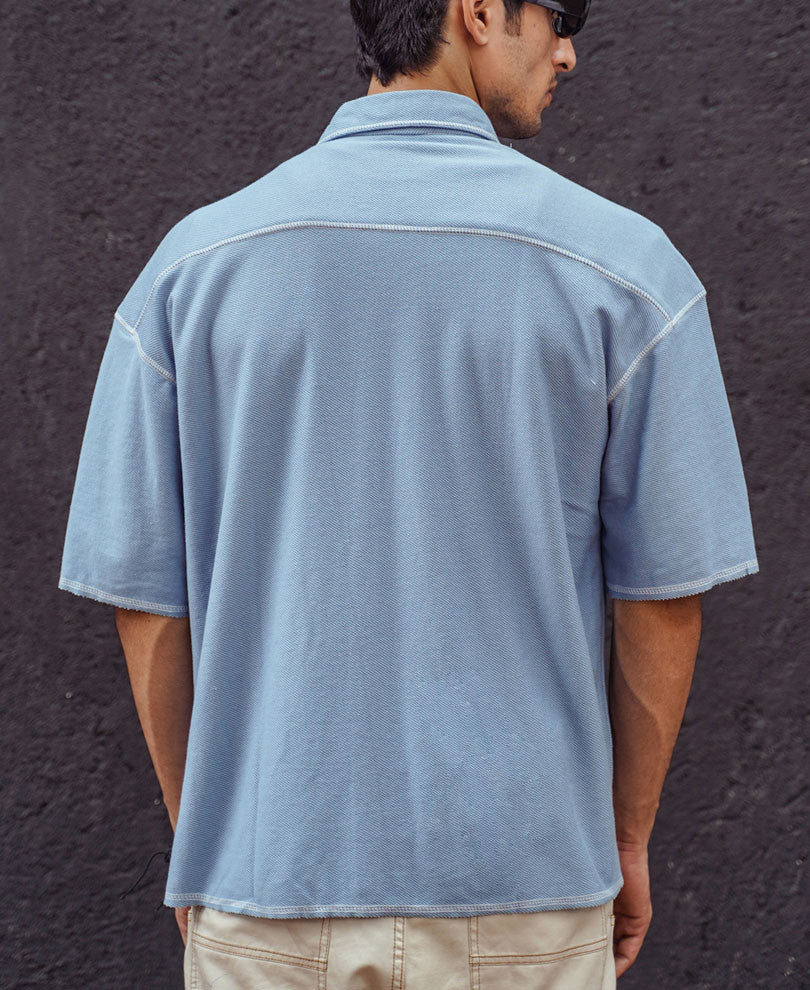 Sky Blue Contrast Stitch Knitted Shacket Oversize Drop Shoulder Shirt