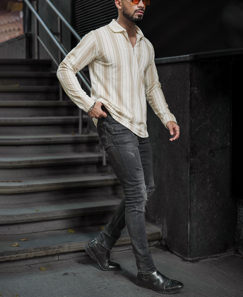 Multi Colour Zipper Stripes Regular Fit Full Sleeves T Shirt