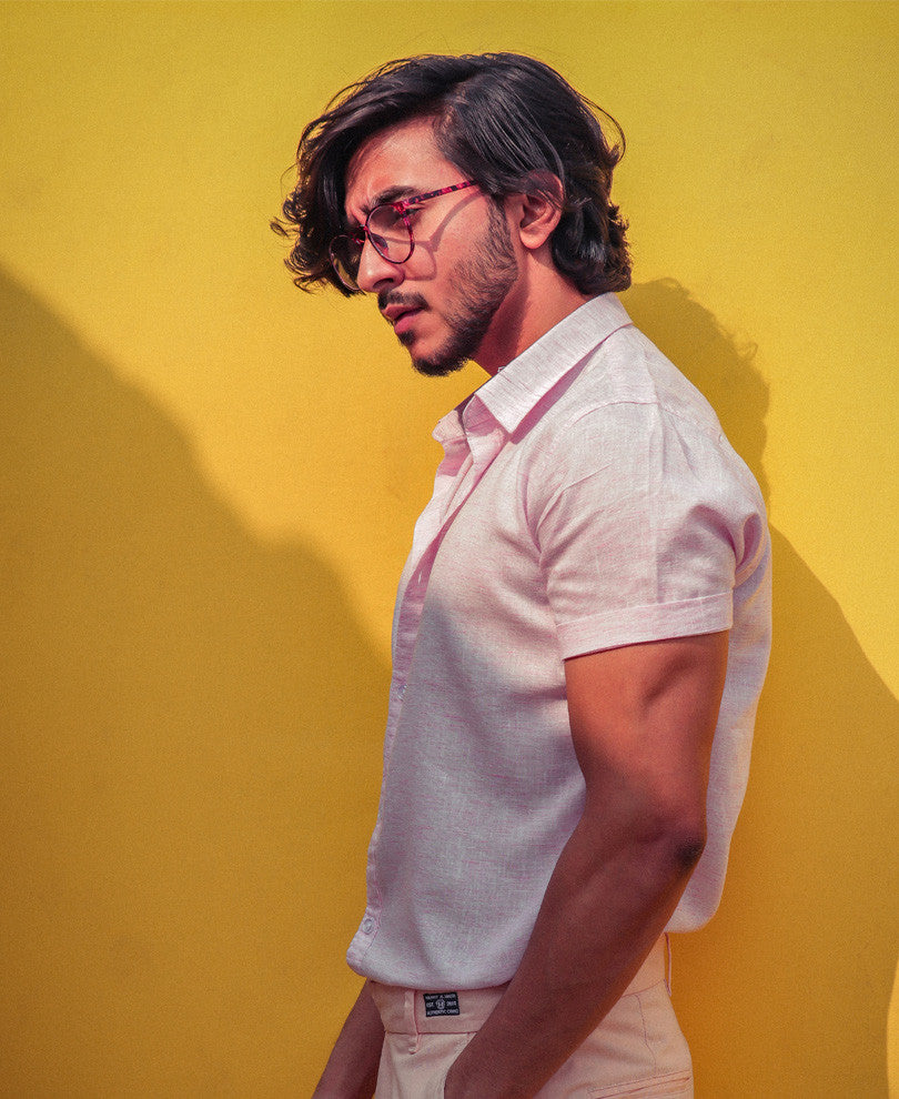 Mens Pink Plain Linen Shirt