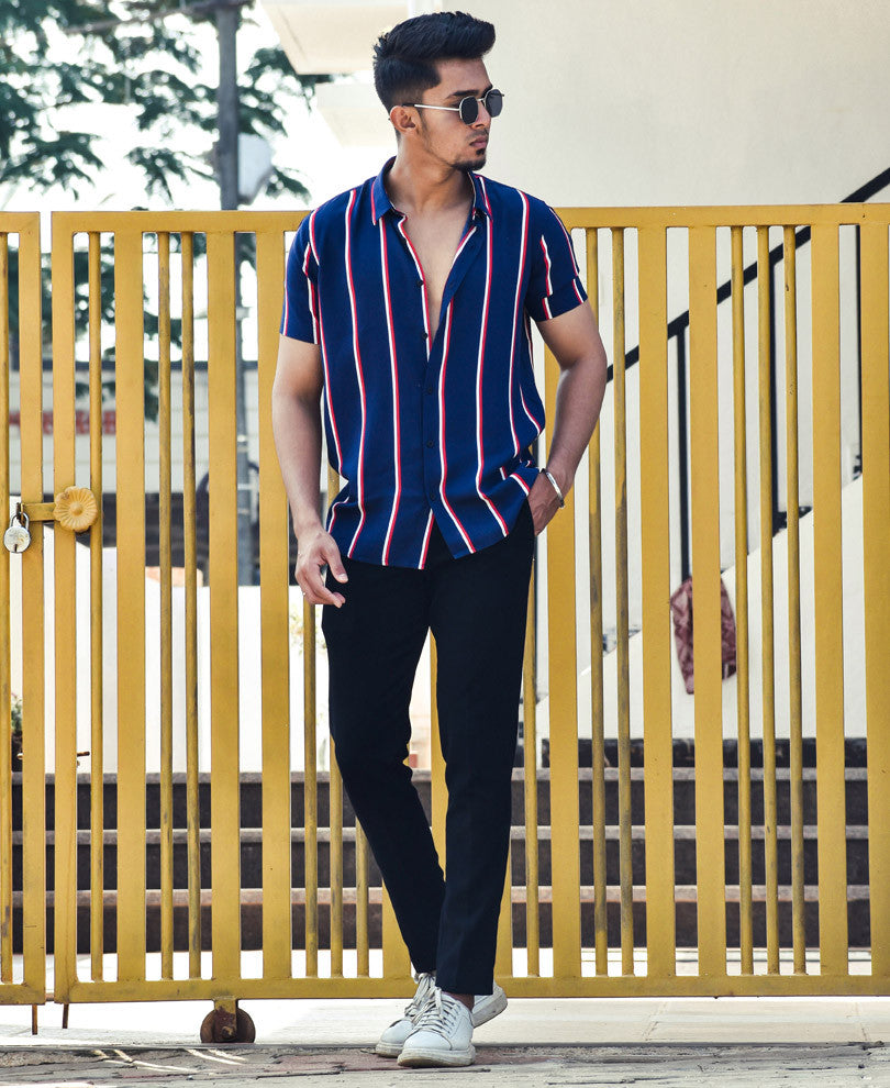 Navy Blue Multiple Stripes Half Sleeves Shirt